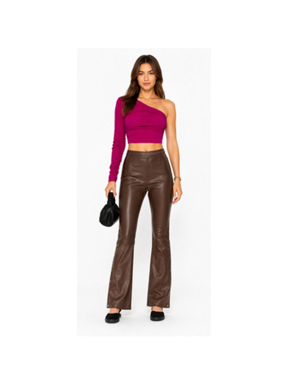 Super down high rise pull on vegan leather chocolate brown flare pants lined S